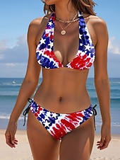 cheap Independence Day-Independence Day Women&#039;s Swimsuits Patriotic Fourth of July Bikini 2 Piece Cheeky Swimsuit Backless Slim Vacation Beach Wear Graphic Flag V Neck Sleeveless Bathing Suits