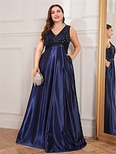 cheap BLACK-A-Line Plus Size Dresses Elegant Curve Dress Formal Wedding Floor Length Sleeveless V Neck Satin V Back with Pleats