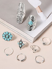 cheap Women&#039;s Rings-Women&#039;s Boho Vintage Turquoise Ring Set – 9-Piece Antique Silver Adjustable Midi Rings for Gypsy Festival, Beachwear and Casual Styling