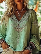 economico Tops Boho-camicetta da donna in stile western, stile boho, con fiori, moderna, casual, a maniche lunghe, scollo a V, normale, per tutti i giorni, per le vacanze, per uscire, stampa verde, estate, autunno.