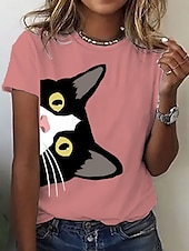 tanie Koszulka ze zwierzętami-Damskie Podkoszulek Graficzny Zwierzę Kot Zabytkowe Elegancki Modny Krótki rękaw Półgolf Zwykłe topy Codzienny Weekend Nadruk Czarny Rumiany róż Niebieski Fioletowy Lato