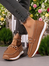 cheap Women&#039;s Slip-Ons &amp; Loafers-Women&#039;s Loafers with Gold Buckle – Casual Slip-On Flat Shoes for Garden Walks, Brunch &amp; Everyday Errands
