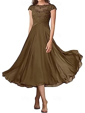 billiga Te Längd-A-linjeformad bröllopsfestmammas klänning elegant enkel krage ankellängd chiffon kort ärm med veck solid färg