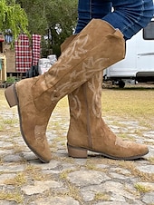 olcso Cowboy és nyugati csizma-női western velúr térdig érő cowboy csizma – hímzett, barna, hegyes orrú, középsarkú lovaglócsizma country koncertekre, őszi szettekre és szabadtéri rendezvényekre