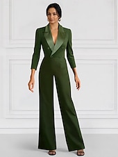 voordelige Mama&amp;#39;s jumpsuits-Zwarte Blazer Jumpsuit Moeder van de Bruid Bruiloft Gast Elegante Minimalistische Revers Vloerlengte Rekbare Stof Lange Mouwen met Knopen Effen Kleur