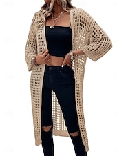abordables Manteaux &amp; trenchs-Femmes Veste Décontractée Respirant Confortable Découpé Occasionnel Uni Vacances Rue Occasionnel Tenue quotidienne Ouvert devant Long Sans Col Coupe régulière Manche 3/4 Vêtements d&#039;extérieur Noir