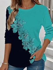 abordables T-shirt floral-Femmes T-shirt Fleuri Graphique Plantes ancien Élégant Classique manche longue Col ras du cou Col rond Hauts Réguliers Quotidien Week-end Imprimé Jaune Vert Claire Bleu Bleu Ciel Violet Été