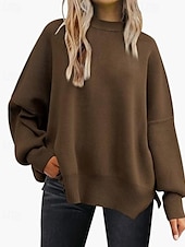 preiswerte Einfarbige Farben-Damen Pullover Lässig Einfarbig Gerippt Rundhalsausschnitt Gestrickt Langarm Normale Oberteile Stricken Ausgehen Wochenende Schwarz Weiß Herbst