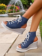 tanie Casual sandały-damskie sandały na koturnie z denimu, modne letnie buty z odkrytymi palcami, idealne na basen, wyjścia na brunch i do nadmorskich kawiarni