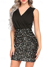 levne Jednoduché šaty-Dámské Mini šaty Flitrové šaty Šaty na párty Bodycon Módní Moderní Párty Koktejlový večírek Rande Běžný Barevné bloky Bez rukávů Do V Stříbrná Černá Zlatá Léto