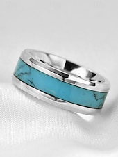 economico Gioielli da uomo-Anello da uomo in acciaio inossidabile con intarsio turchese blu, fascia lucida comfort fit, gioiello in stile western da indossare ogni giorno, matrimoni o regali