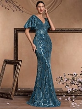 cheap BLUE-Mermaid / Trumpet Quinceanera Dresses Elegant Dress Formal Wedding Floor Length Short Sleeve V Neck Polyester V Back with Sequin 2025