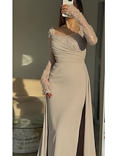 preiswerte Sekt-Meerjungfrau/Trompete Abendkleid Galakleid mit abnehmbarem Überrock formelles Kleid Stretch-Crêpe Hochzeit bodenlang Langarm quadratischer Ausschnitt Spitze mit Falten Perlen Pailletten Spitze 2025