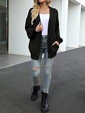 ieftine Cardigane și îmbrăcăminte exterioară-Pentru femei Pulover Bluza Elegant Modă Șic Stradă Culoare pură Deschis frontal Tricotat Manșon Lung Topuri obișnuite Tricotat În aer liber Zilnic Sfârșit de săptămână Negru Roz Îmbujorat Toamnă Iarnă