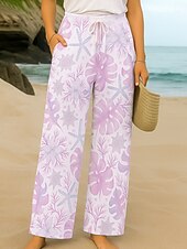 abordables jambe large et taille haute-Femmes Culottes Jambe Large Vacances ancien Style Ethnique Longueur complète Taille haute Fleuri Graphique Séchage Rapide Respirabilité Doux Non Elastique Formel Extérieur Vacances Rose Violet Vert
