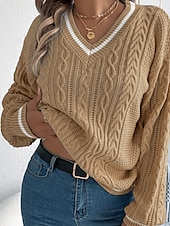 preiswerte Einfarbige Farben-Damen Pullover Lässig Farbblock Gerippt V Ausschnitt Patchwork Gestrickt Langarm Normale Oberteile Stricken Täglich Ferien Ausgehen Weiß Blau Herbst
