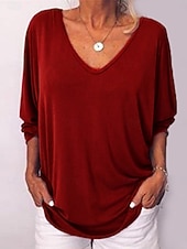 economico T-shirt semplice-T-Shirt Donna Colore Unito Stile Casual Manica Lunga Collo a V Top Regolari Giornalieri Bottoni Blu Nero Bianco Vino Verde Militare Estate Primavera Autunno