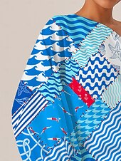 voordelige Blouses &amp;amp; Shirts-Dames Vrouw Normaal shirt Oceaan Casual Koude schouder Marineblauw Lange mouw Elegant Vakantie Hedendaagse koude schouder Zomer