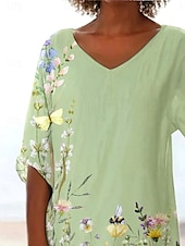 billige Blomstrete topper-Dame Bluse Blomstret Grafisk Blad Hawaiisk Stilfull Fritid 3/4 ermer V-hals Vanlige topper Daglig Ferie Ut på byen Trykt mønster Asymetrisk kant Lysegrønn Lilla Lyseblå Sommer Vår Høst
