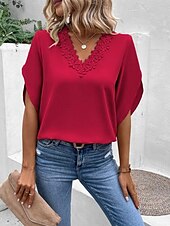 お買い得  レーストップ-女性用 レーススプライシングトップ 純色 エレガント スタイリッシュ ベーシック 七分袖 Ｖネック レギュラートップス 日常 レース パッチワーク ブラック ルビーレッド カーキ色 夏 春