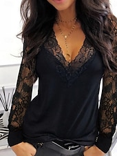 preiswerte Spitzenoberteile-Damen Spitzenbluse Einfarbig Elegant Stilvoll Lässig Langarm V Ausschnitt Normale Oberteile Täglich Spitze Patchwork Schwarz Wein Marineblau Sommer Frühling
