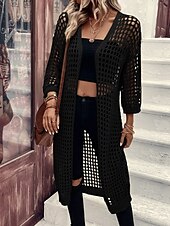 abordables Manteaux &amp; trenchs-Femmes Veste Décontractée Respirant Confortable Découpé Occasionnel Uni Vacances Rue Occasionnel Tenue quotidienne Ouvert devant Long Sans Col Coupe régulière Manche 3/4 Vêtements d&#039;extérieur Noir