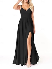 baratos Vestidos para Madrinhas-Vestido de dama de honra em corte A, decote em V, sem mangas, elegante, longo, em chiffon com pregas / frente aberta / franzido 2025