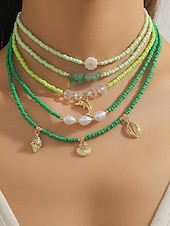 cheap Women&#039;s Necklace-Women&#039;s Colorful Beaded Layered Necklace Set – Boho Evil Eye, Pearl, and Charm Accents – Adjustable Summer Jewelry for Teens and Young Women – Ideal for Beach, Festivals and Casual Wear