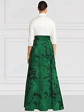 preiswerte Bodenlänge-Grün Schwarz und Weiß A-Linie Brautmutter Kleid Elegantes Vintage Hemdkragen Bodenlang Stretchstoff Langarm mit