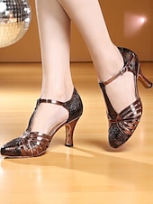cheap Latin Shoes-Women&#039;s Bronze T-Strap Latin Dance Heels - Shiny Snake Print Professional Ballroom Shoes for Salsa, Rumba, and Performance Events
