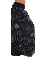baratos perna larga e cintura alta-Mulheres Calças Calças Harem Calça Palazzo Moda Boho Comprimento total Cintura Média Imprimir Cintura elástica Confortável Micro-Elástica Rua Roupa Diária Para Noite Preto Amarelo Verde Tropa Azul