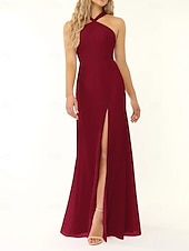 baratos Vestidos para Madrinhas-Vestido de dama de honra sereia/trompete, decote halter, sem mangas, elegante, longo, chiffon, com fenda frontal 2025