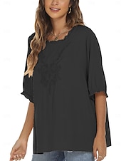 preiswerte Damen Einfache Oberteile-Damen Hemd Einfarbig Blumen Lässig Boho Dreiviertelarm Ellbogenärmel Rundhalsausschnitt Normale Oberteile Täglich Ausgehen Rüsche Bestickt Schwarz Weiß Rote Khaki Sommer