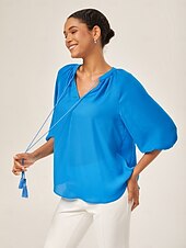 abordables Blouses &amp; Shirts-Blue Chiffon Ruched Vacation Top