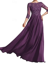 economico Lunghezza del pavimento-Abito da sposa a trapezio, elegante, con scollo a giro, lunghezza al pavimento, maniche a 3/4, con pieghe, tinta unita, 2025