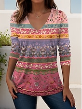billige Boho t-skjorte-Dame T skjorte Grafisk Planter Årgang Elegant Bohem Årgang Langermet V-hals Vanlige topper Daglig Ut på byen Helg Trykt mønster Svart Hvit Rosa Dusty Rose Rød Vår Høst