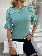 voordelige Kant Tops-Dames Kanten overhemd Effen Kleur Stijlvol Casual Halve mouw Strakke ronde hals Normale tops Dagelijks Kant Lapwerk Zwart Blozend Roze Paars Groen Zomer
