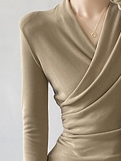 abordables Hauts Unis pour Femmes-Femmes Chemisier Uni Moderne Occasionnel manche longue Col en V Hauts Réguliers Quotidien Fête Froncé Noir Blanche Marron clair Automne
