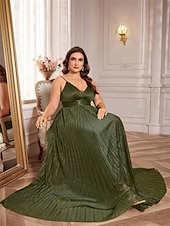 baratos VERDE-Vestidos A-Line Plus Size Vestido Elegante Curvas Formal Casamento Comprimento Total Sem Mangas Decote em V Cetim Costas Descidas com Pregas