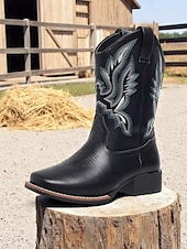 abordables Cowboy et bottes occidentales-bottes de cowboy mi-mollet brodées pour femmes, bottes western en similicuir pour les travaux agricoles, les célébrations des récoltes et les événements rustiques en plein air