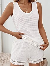 cheap Women&#039;s Blouse Suits-Women&#039;s Daily Shorts Sets Sleeveless U Neck Solid Color Tassel Fringe Casual Daily Weekend White Summer Regular Fit