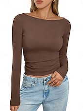 abordables T-shirt uni-Femmes Hauts moulants Couleur Unie Élégant Occasionnel Y2K manche longue Col ras du cou Hauts courts Quotidien Fête Sortir Noir Blanche Rose Claire Marron Été Printemps
