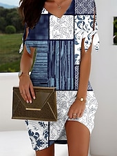 baratos Vestidos Listrados e Geométricos-Mulheres Minivestido Vestido T shirt Vestido A Line Vestido Atlético Casual Normal Gráfico Geométrica Manga Curta Decote V Castanho Avermelhado Azul Marinha cáqui Verão