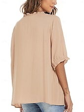 preiswerte Damen Einfache Oberteile-Damen Hemd Einfarbig Blumen Lässig Boho Dreiviertelarm Ellbogenärmel Rundhalsausschnitt Normale Oberteile Täglich Ausgehen Rüsche Bestickt Schwarz Weiß Rote Khaki Sommer