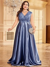abordables Champagne-Robe A-Line Grande Taille Élégante Robe Courbe De Mariage Formelle Longue Au Sol Manches Courtes Col en V Satin Dos Nu Avec Plis 2025