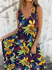 abordables Robes fleuries-Femmes Robe maxi Robe trapèze Robe Nuisette Vacances Occasionnel Boho Extérieur Sortir Coupe régulière Fleuri Sans manches Col en V Bleu Abricot Beige Été