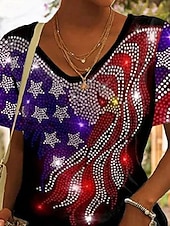 olcso Függetlenség Napja Csúcs-Függetlenség Napja Hazafias Női póló Grafikai Zászló Vintage Stílusú Klasszikus Rövid Ujjú V Nyakú Normál Pólók Napi Nyomtatás Fekete Lila Zöld Nyár Tavasz