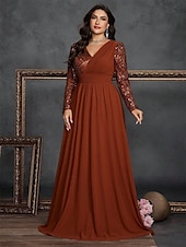 cheap BLUE-A-Line Plus Size Dresses Elegant Curve Dress Formal Wedding Floor Length Long Sleeve V Neck Chiffon with Sequin