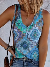 abordables Débardeur Boho-Femmes Débardeur caraco Graphique Géométrique ancien Élégant Ethnique Sans manches Col en V Hauts Réguliers Quotidien Imprimé Bleu Violet Marron Vert Été Printemps