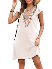 cheap Boho Dress-Women&#039;s Mini Dress Casual Dress Fashion Modern Elegant Dress Cap Sleeve Wedding Daily Date Regular Fit Floral Embroidery Sleeveless V Neck Black White Orange Summer